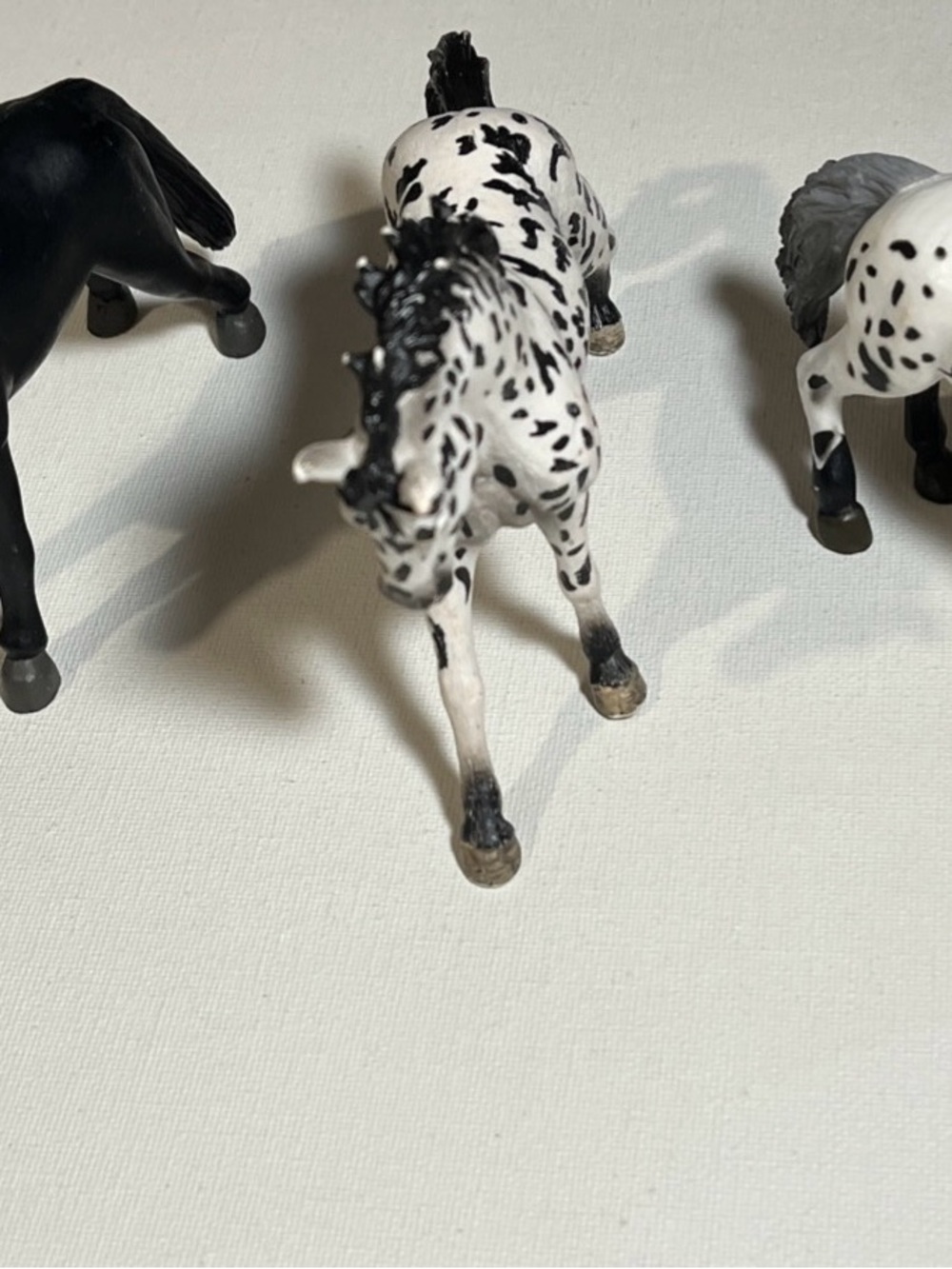 Schleich & Terra by Battat 2 Horse Figures White W/ Black Spots 1 Black Horse